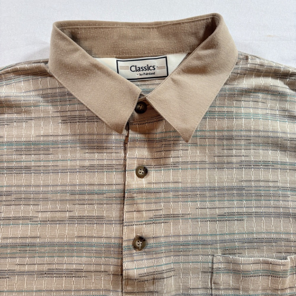 Classics by Palmland Polo Shirt Mens XL Tan Striped Textured Knit Short Sleeve